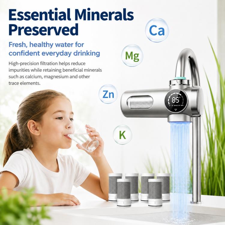 Smart water purifier faucet with filter cartridge and mineral-focused design, shown dispensing