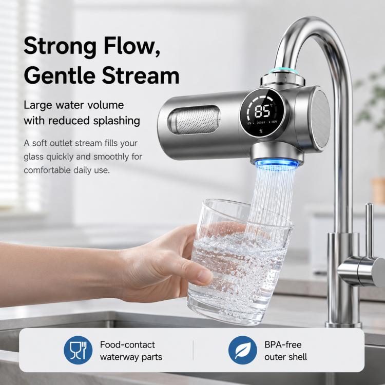 Smart water purifier faucet dispensing a steady stream, with filter cartridge attached