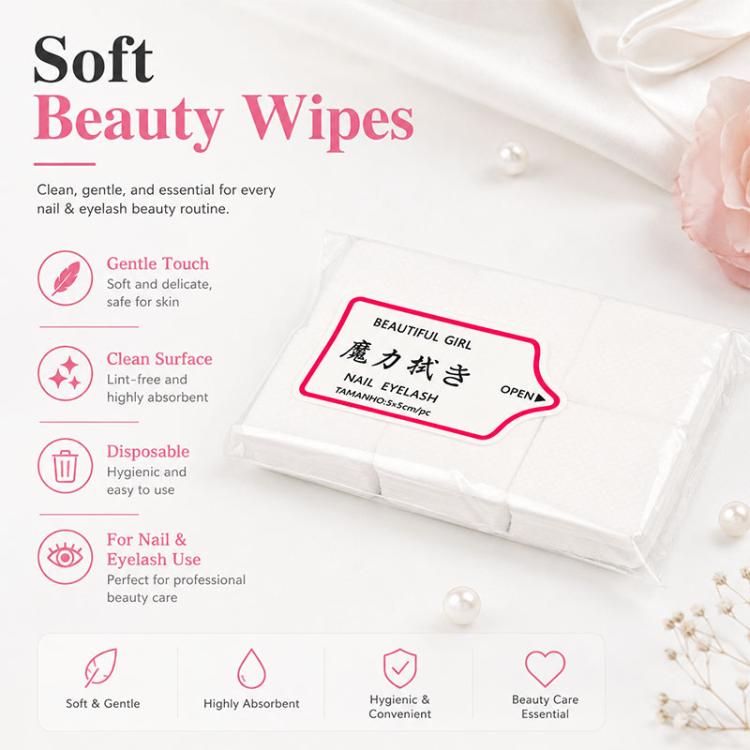 Pack of soft disposable nail and eyelash wipes with open label on white pads