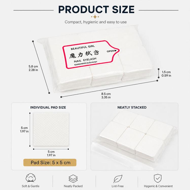 Square disposable nail and eyelash wipes stacked in clear plastic pack
