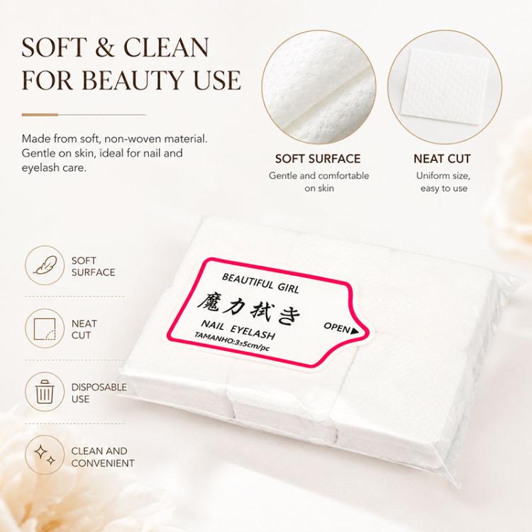 Disposable nail and eyelash wipes in sealed pack with soft white pad surface