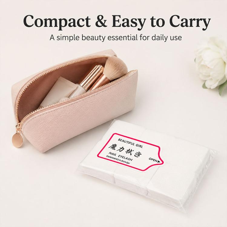 Disposable nail and eyelash wipes with beige travel pouch accessory