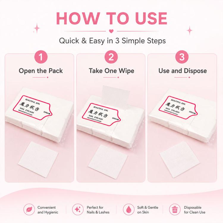 Disposable nail and eyelash wipes shown in step-by-step use with small white pads