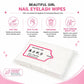 Pack of disposable nail and eyelash wipes with labeled features and folded white pads