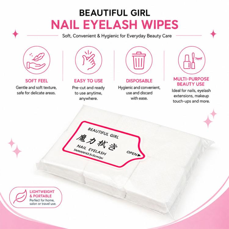 Pack of disposable nail and eyelash wipes with labeled features and folded white pads