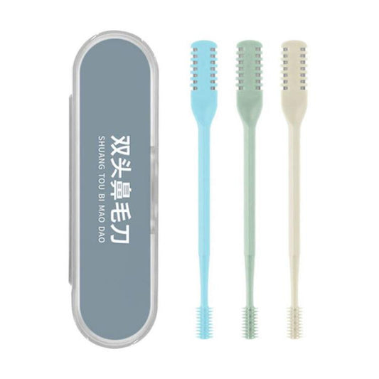 3-piece nose hair grooming set with gray storage case and three colored double-ended brushes
