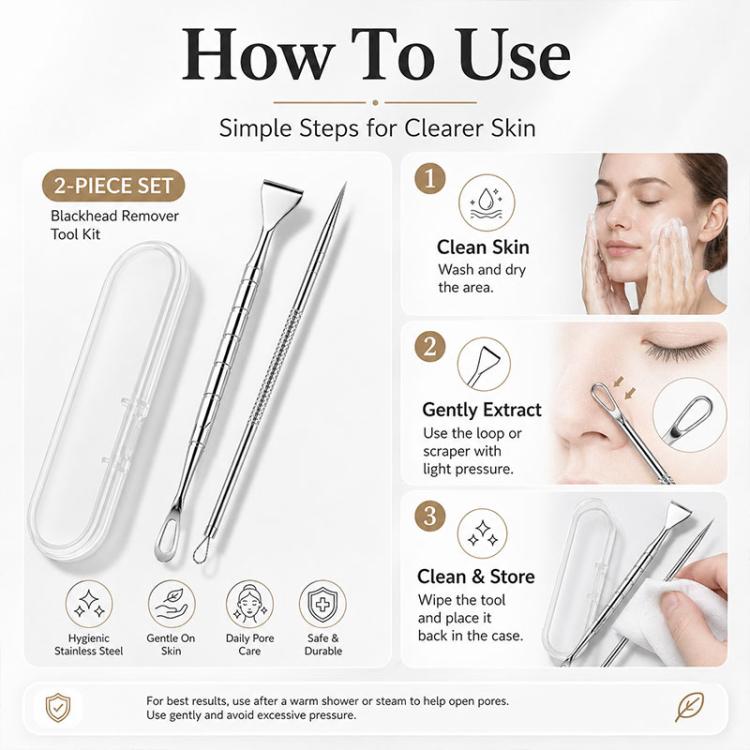 Stainless Steel Blackhead Scraper and U-Shaped Needle Set Blackhead Acne Cleaning Tool