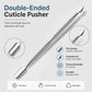 Double-ended stainless steel cuticle pusher with textured handle and pointed tip