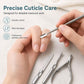 Stainless steel cuticle pusher tool used on fingernails with nail file and nipper nearby