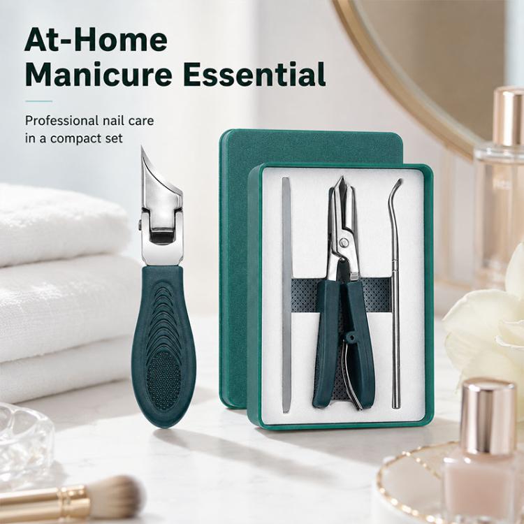 Nail care tool set in teal case with pointed slant clipper, file, and nail cleaner pick