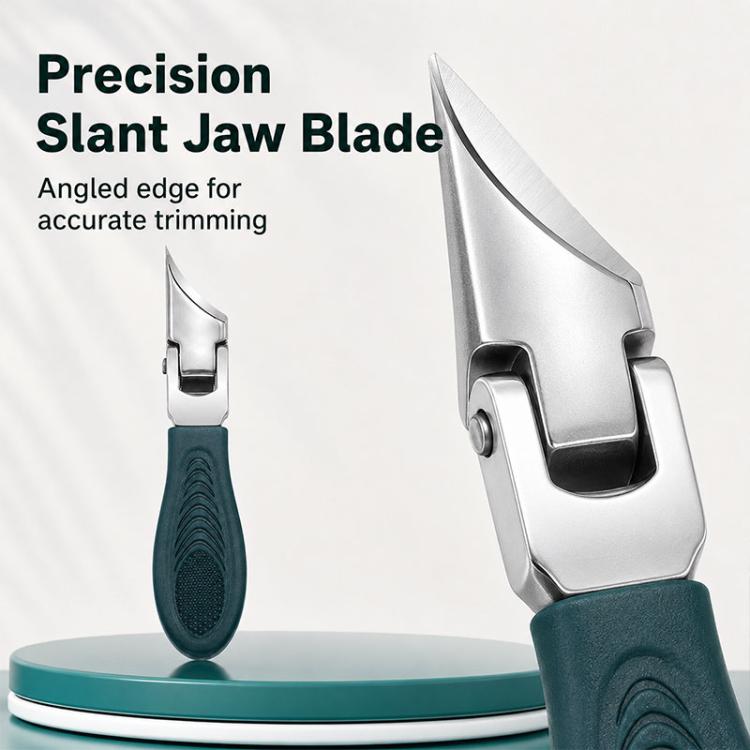 Pointed slant nail clipper with teal non-slip handle and angled metal blade
