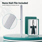 Nano nail file included with slim metal handle; shown beside nail tool storage case