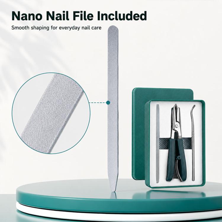 Nano nail file included with slim metal handle; shown beside nail tool storage case