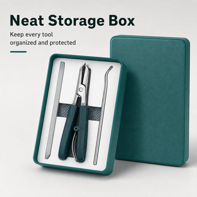 Teal nail storage box with compartments holding slant clipper, file, and cleaner pick