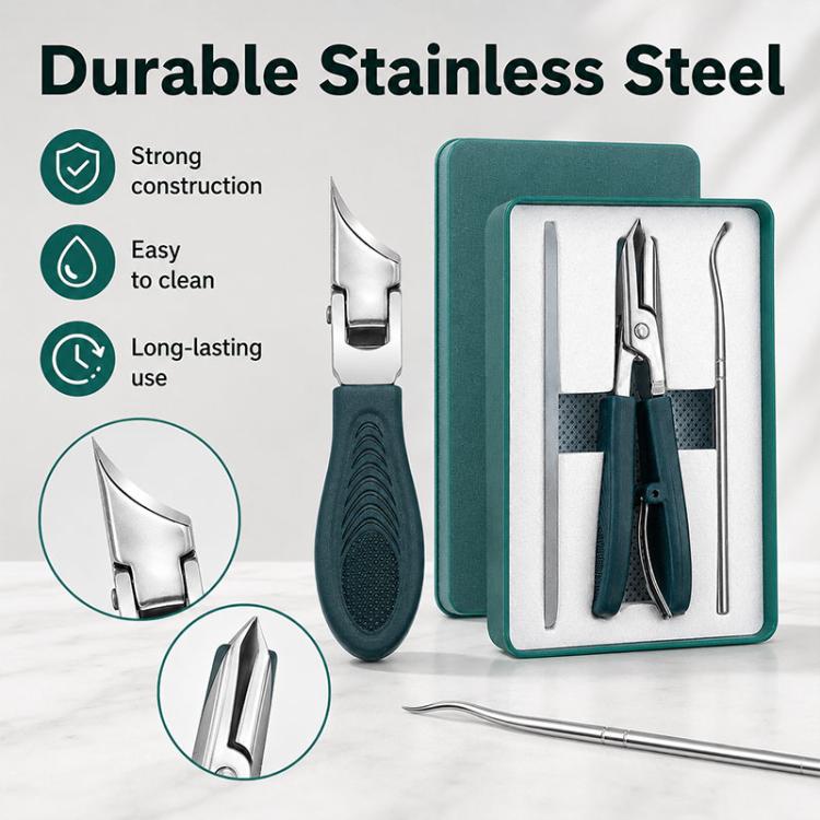 Durable stainless nail care set with slant clipper and tools in teal storage case
