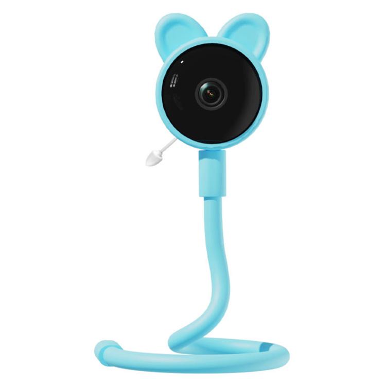 Wireless baby monitor camera with blue bear-ear housing and flexible stand base