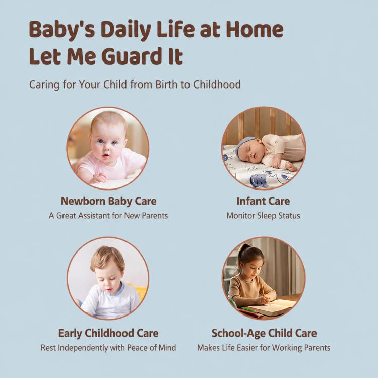 Wireless baby monitor care and daily life infographic with circular baby care images