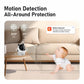 White baby monitor camera on a stand with motion detection coverage graphic