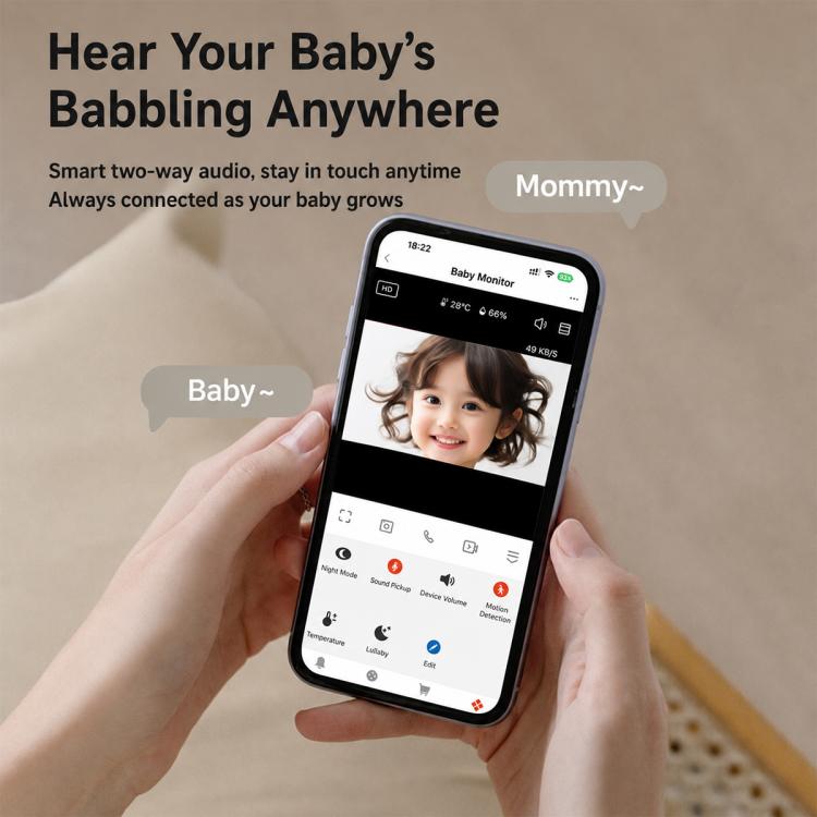 Wi‑Fi baby monitor with smartphone app interface showing live camera view