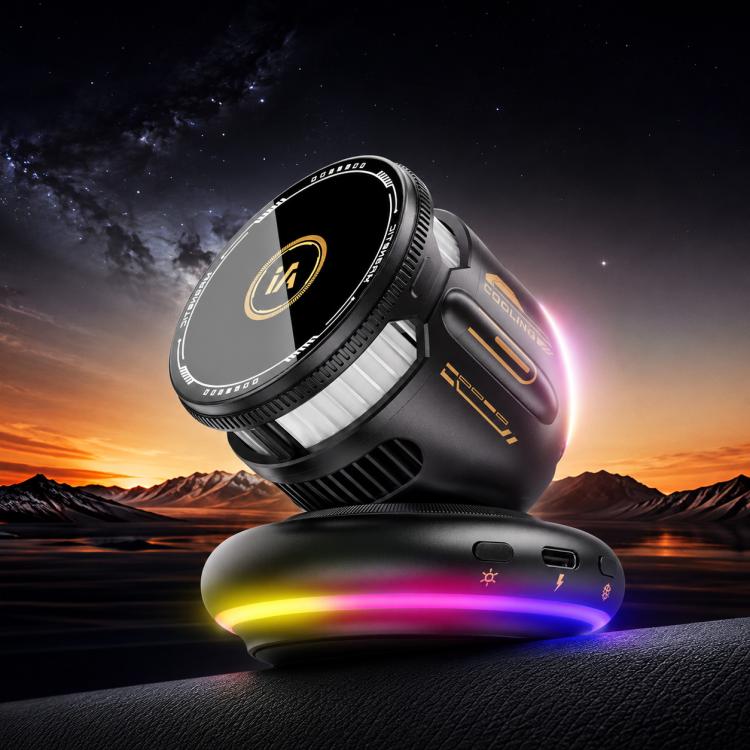 Black magnetic cooling car phone mount with RGB light ring and wireless charging dock