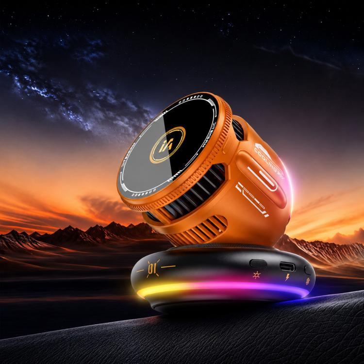 Orange magnetic cooling car phone mount with RGB light ring and wireless charging dock