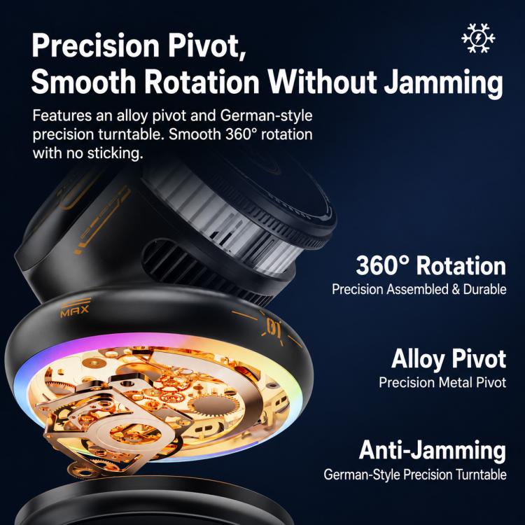 Rotating 360° car mount with alloy pivot, RGB glow, and anti-jam turntable design.