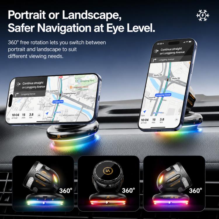 Dashboard wireless phone holder showing landscape and portrait viewing with RGB base light.