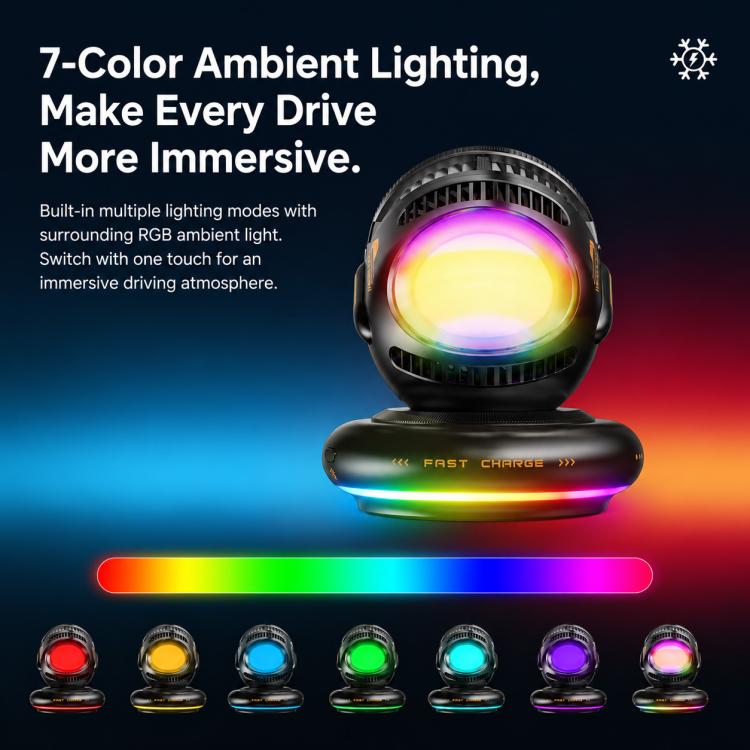 Wireless car phone mount with rainbow RGB ambient lighting around the charging unit.