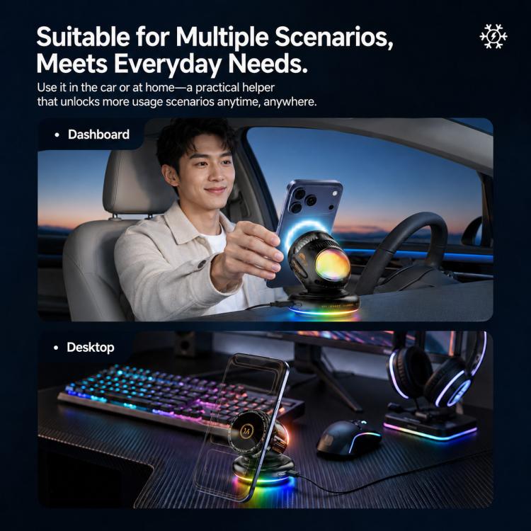 Wireless charging car mount in dashboard use with RGB light and phone secured on top.