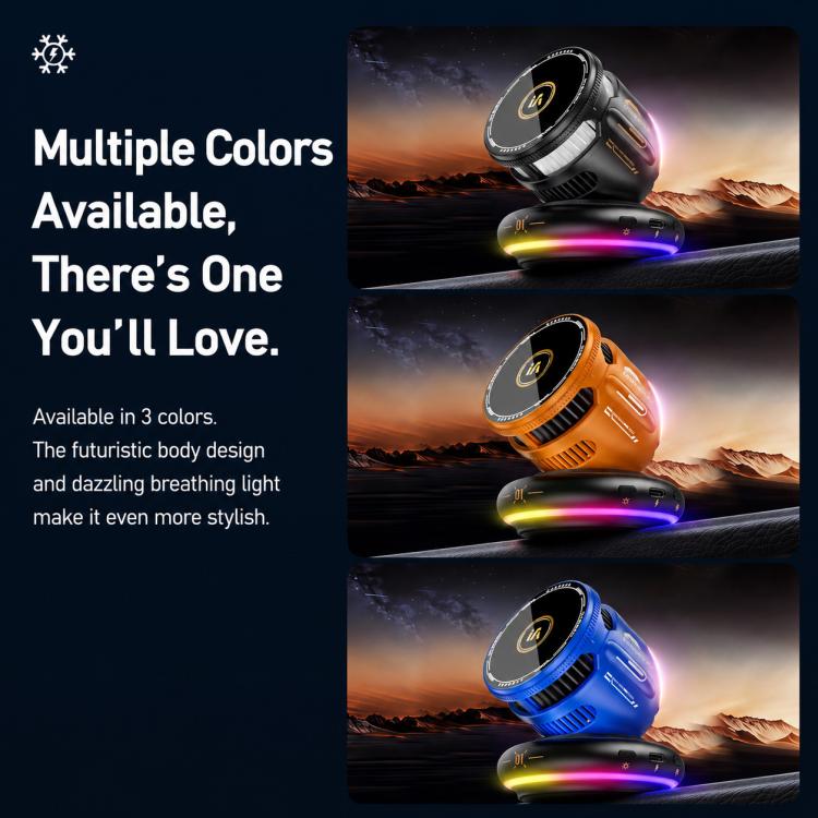 Magnetic wireless car phone holder available in black, orange, and blue with RGB glow.