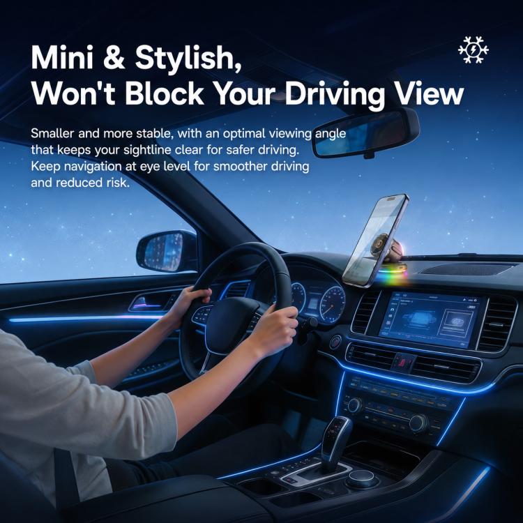 Compact magnetic car phone holder with RGB glow, mounted on dashboard