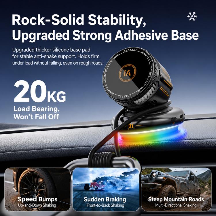 Magnetic car phone mount with thick silicone adhesive base and RGB glow