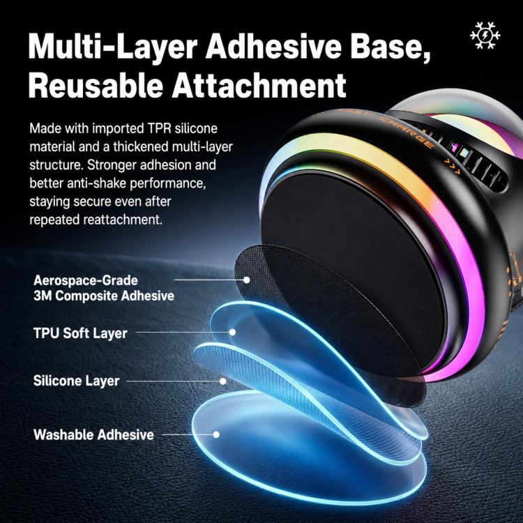 Magnetic car phone mount with multi-layer adhesive base and colorful RGB ring