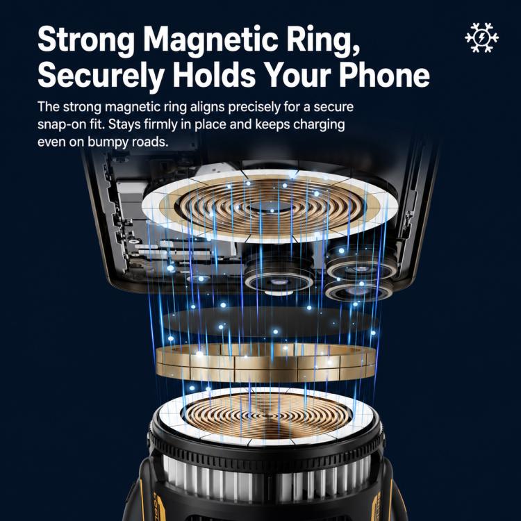 Car phone mount with magnetic ring and visible charging coils inside the holder
