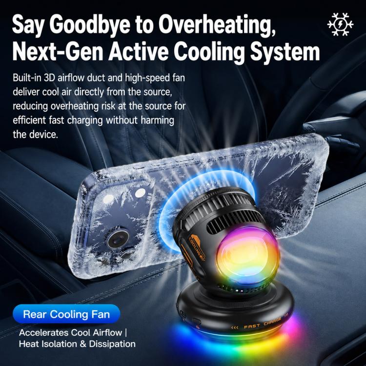 Cooling car phone mount with airflow fan vent and RGB glow for heat control