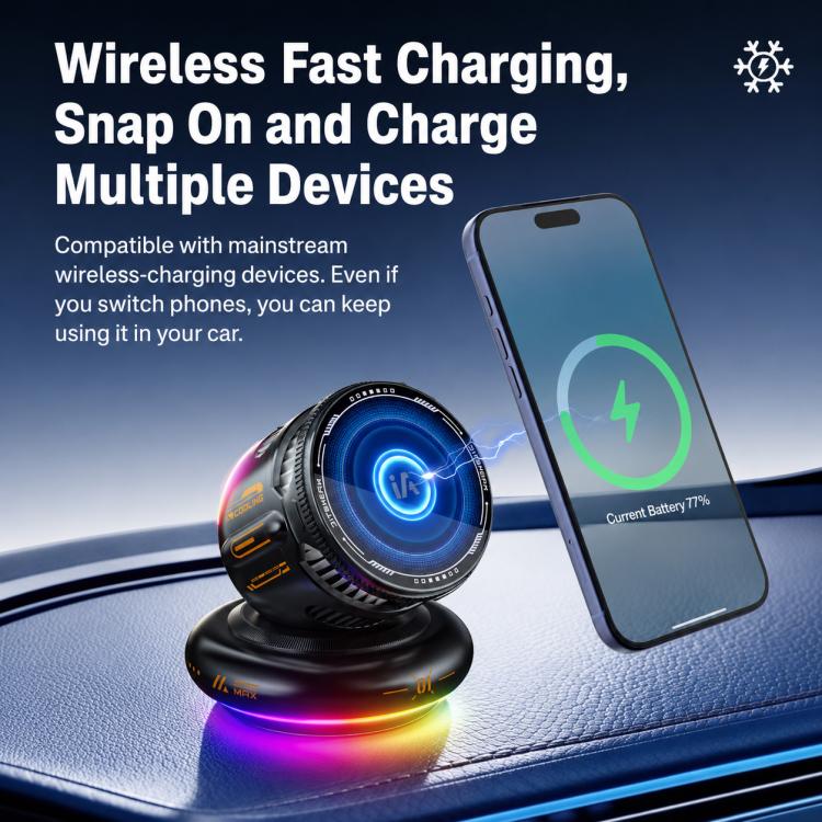 Black magnetic wireless car phone mount with RGB glowing ring and circular base.
