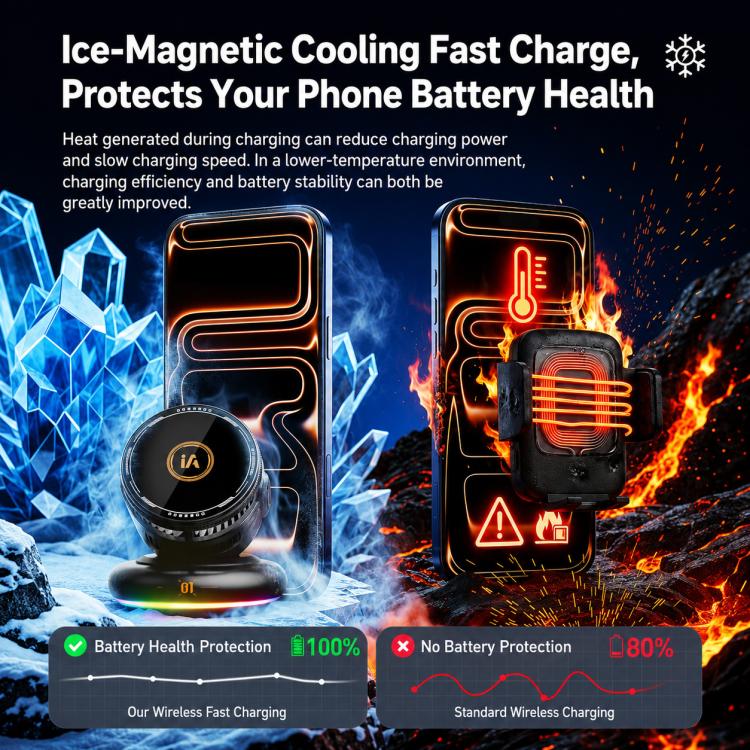 Wireless car phone holder with magnetic cooling vents and bright RGB charging glow.