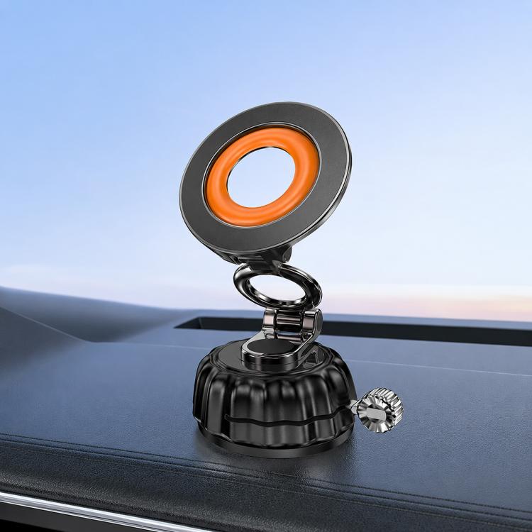 Black suction cup magnetic car phone holder with orange ring magnetic head and swivel arm