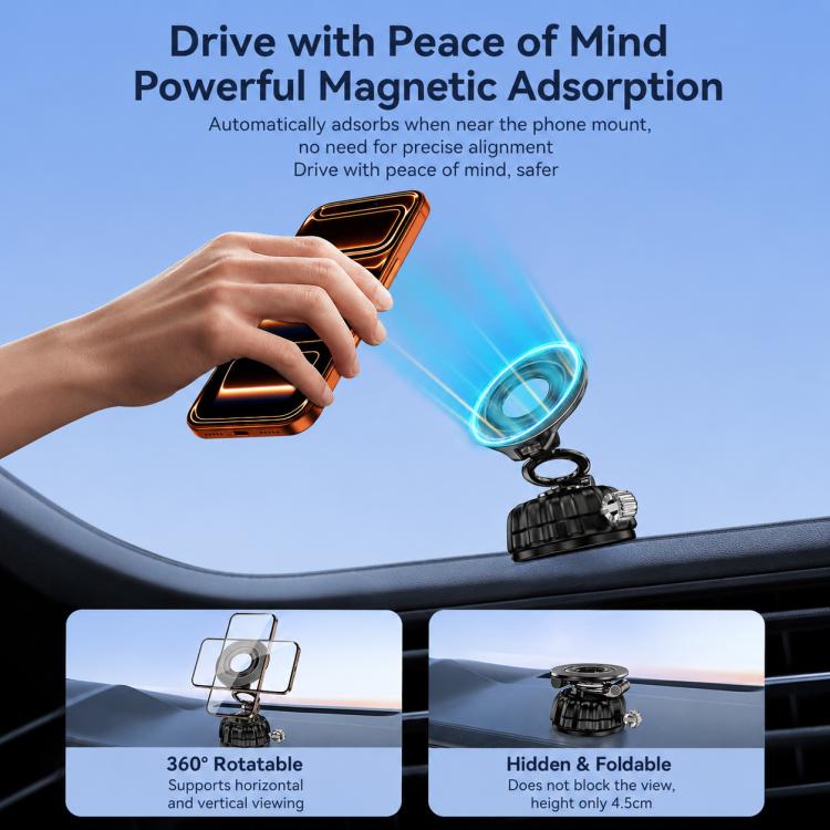 Black magnetic phone holder with suction cup base, attracting a phone