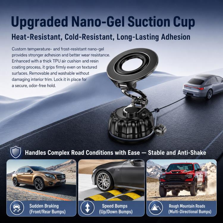 Black suction cup magnetic phone holder with ribbed base and hanging loop connector