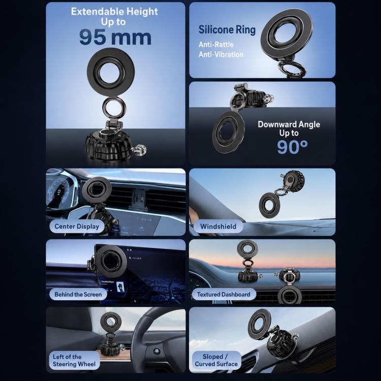 Compact black suction cup magnetic phone holder with extendable height and rotatable head