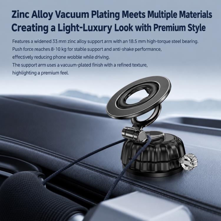 Black vacuum suction cup magnetic phone holder with round magnetic head and swivel arm