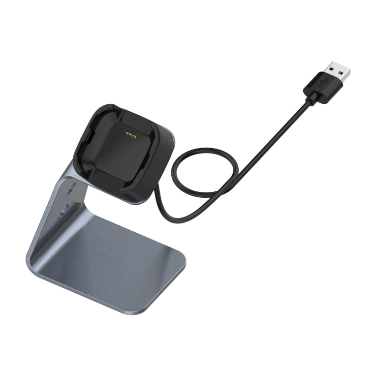 Silver aluminum charging stand for smartwatch with black cradle and USB cable
