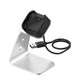 Silver aluminum smartwatch charger holder with black dock and USB charging cable