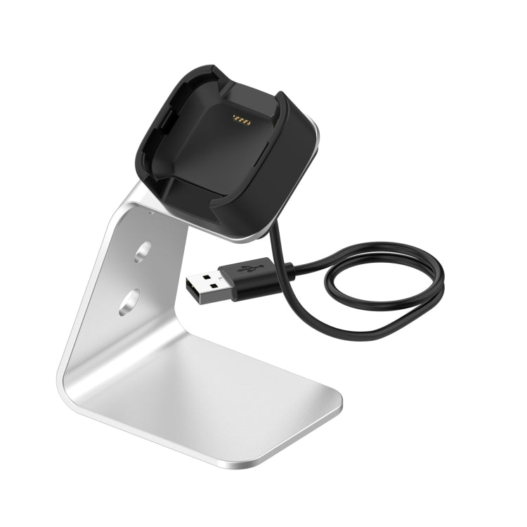 Silver aluminum smartwatch charger holder with black dock and USB charging cable