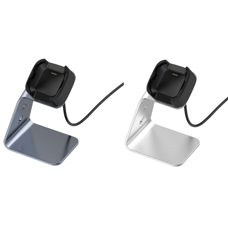 Aluminum alloy smartwatch charger holder stand with dual cradle, grey and silver