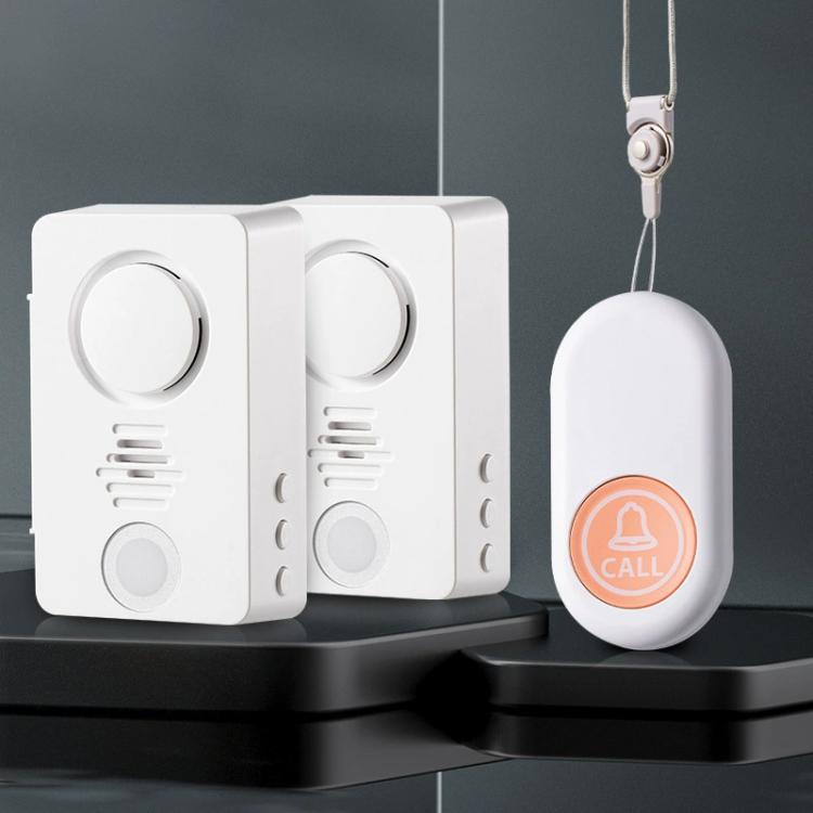 Two white wireless call receivers and an oval call button with orange CALL badge.