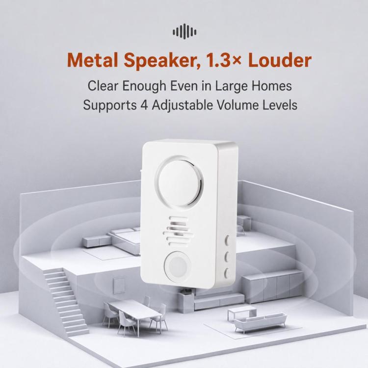 White wireless call receiver with a circular dial and speaker grille, shown with volume waves.