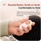 Rounded white oval call button with orange CALL icon held in hand; lanyard cord visible.