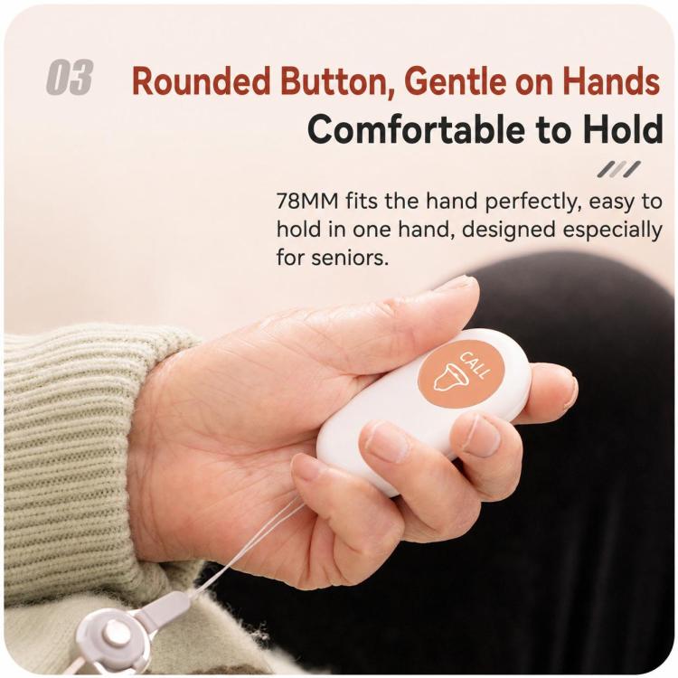Rounded white oval call button with orange CALL icon held in hand; lanyard cord visible.
